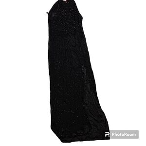 Vtg 90s Adrianna Papell Evening Beaded Gown Black High Neck Slit 100% Silk 6